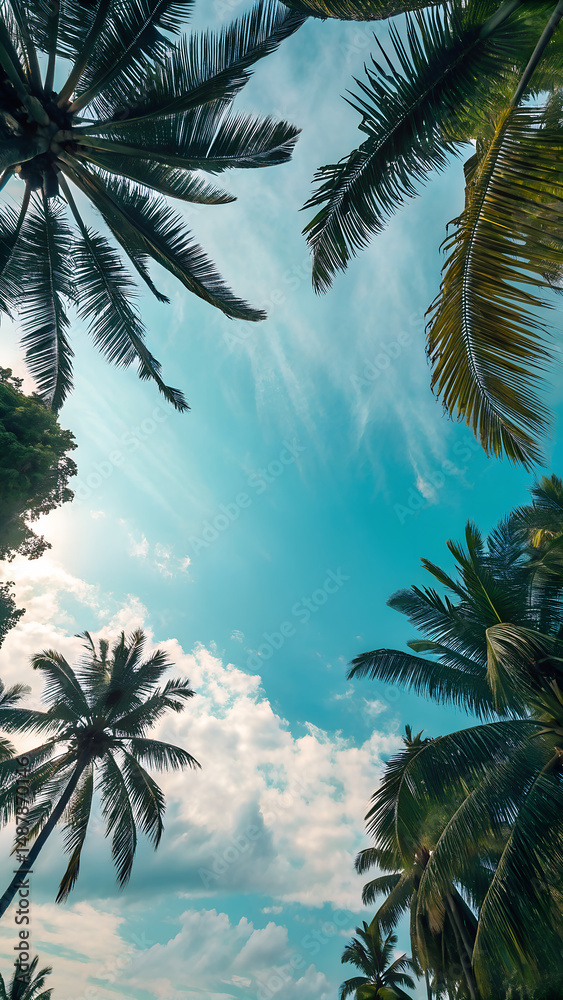 Obraz premium Tropical Palm Trees on a Sunny Beach in Mexico with Blue Sky and Coconut Paradise Vibes 