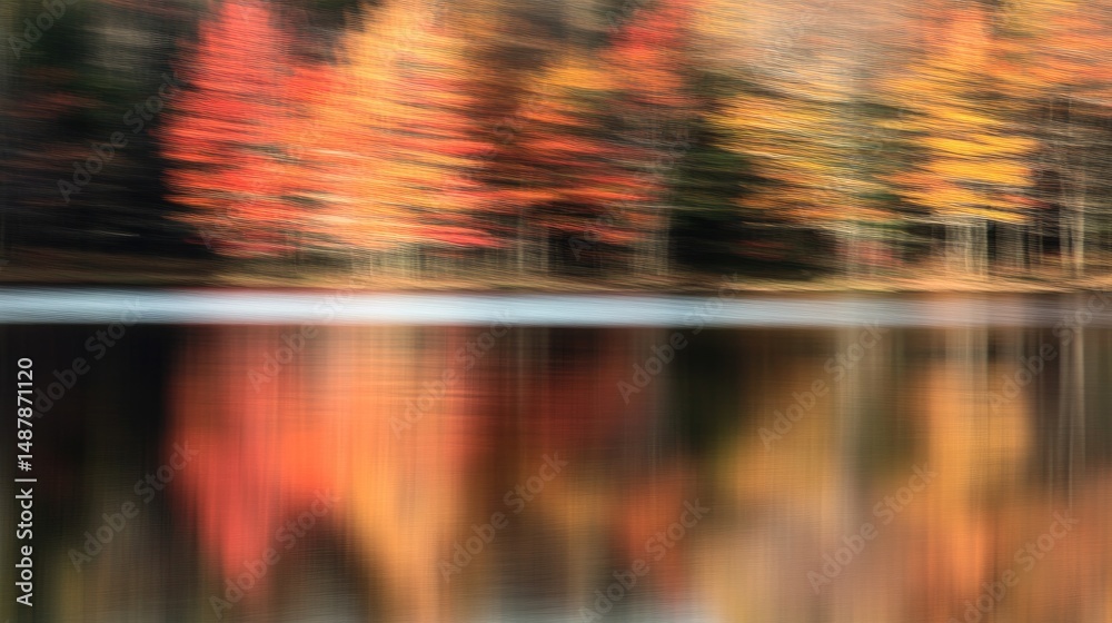 Fototapeta premium Abstract autumnal landscape with blurred trees reflected in still water.