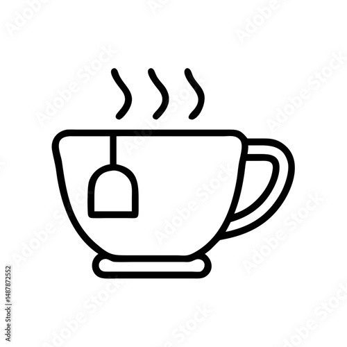 Hot tea cup with tea bag and steam in minimalist line art style  