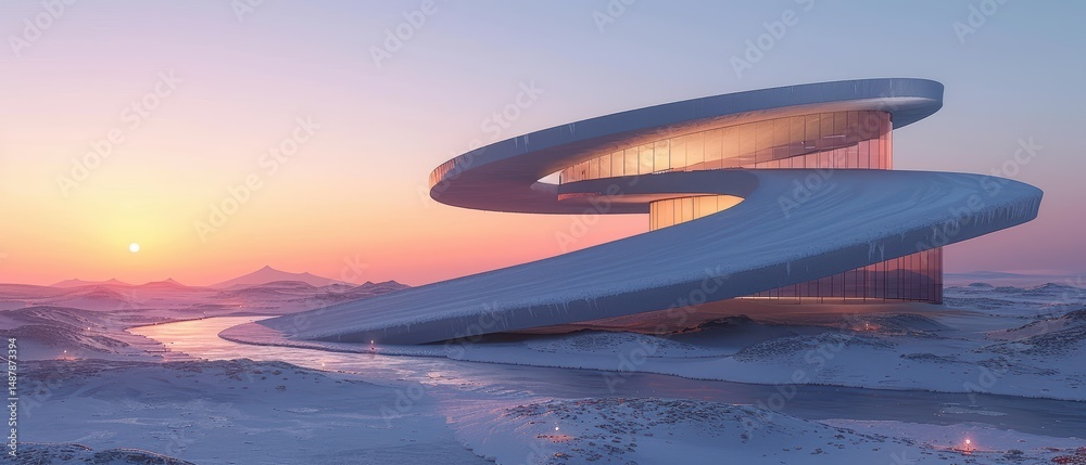 Modern Architectural Design of Futuristic Building in Snowy Landscape Modern Architectural Design of Futuristic Building in Snowy Landscape