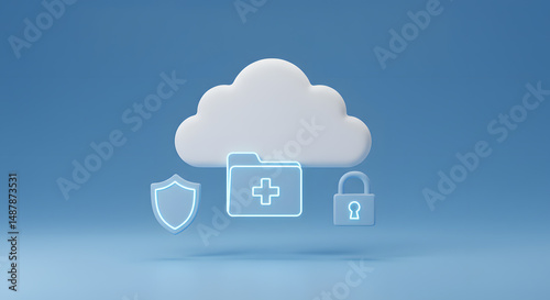 Secure Cloud Medical Data Storage: 3D Render of Cloud, Folder, Shield & Lock