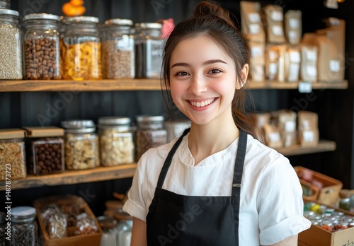 Friendly Customer Service Employee Smiling in a Cozy Specialty Food Store with Jars and Packages in Background photo