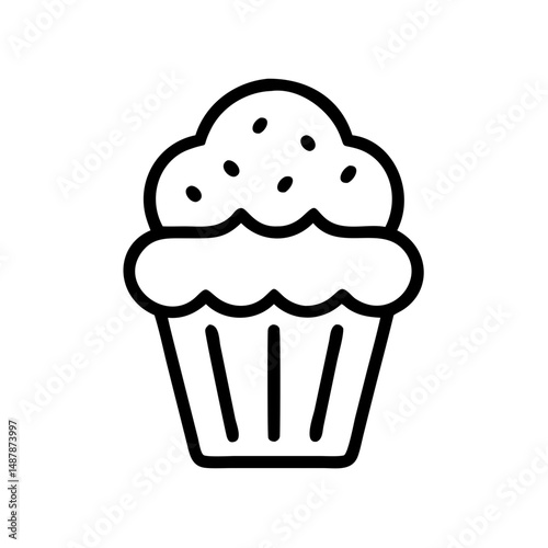 Line drawing of a muffin icon with frosting and sprinkles  