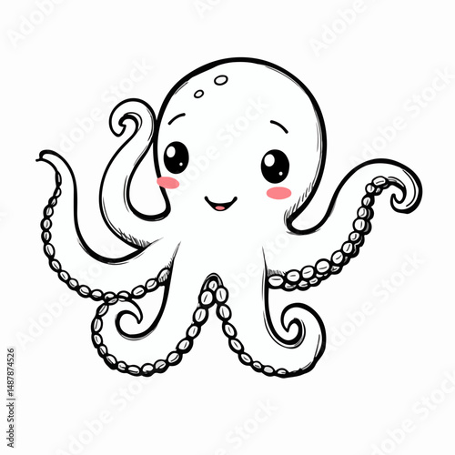 Cute cartoon octopus illustration, black and white, for children's books