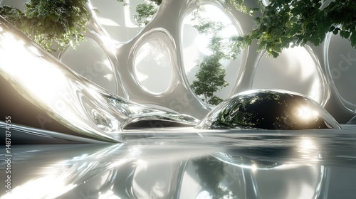 Futuristic biomorphic architecture with reflective surfaces and lush greenery.