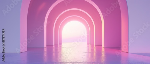 Ethereal hallway with arches and soft pastel light in the background