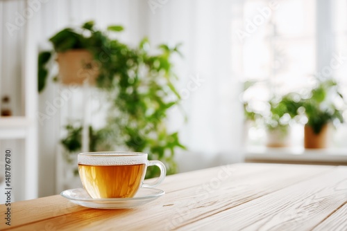 Wallpaper Mural Cup of Tea on Wooden Table in Bright Room with Green Plants and Natural Light Torontodigital.ca