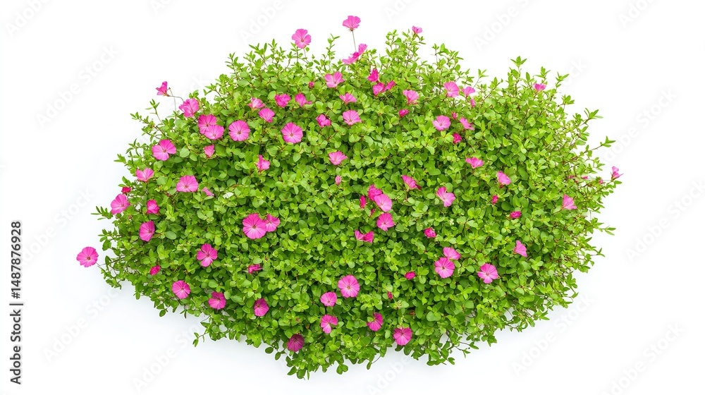 Naklejka premium Aerial view of a patch of grass with pink flowers blooming, isolated on a white background. Cutout perfect for various applications.