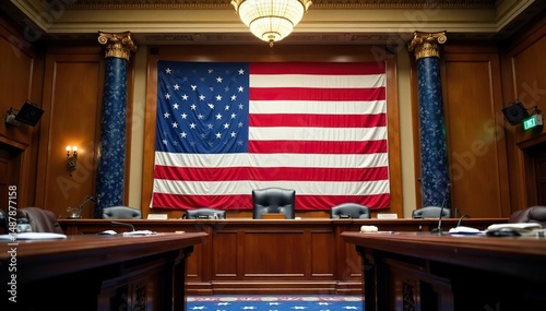 American flag displayed prominently in a congressional hearing room, stars, chamber