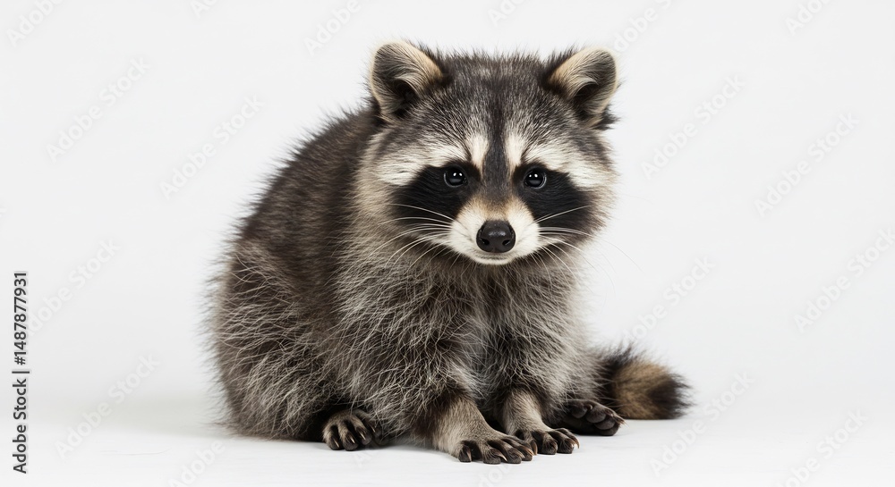 Obraz premium Adorable baby raccoon sits calmly against a bright white background. AI Generated