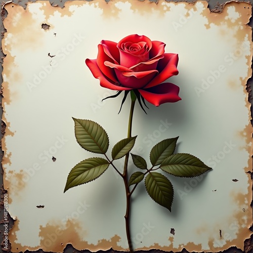 Beautiful red rose with green leaves on a vintage background