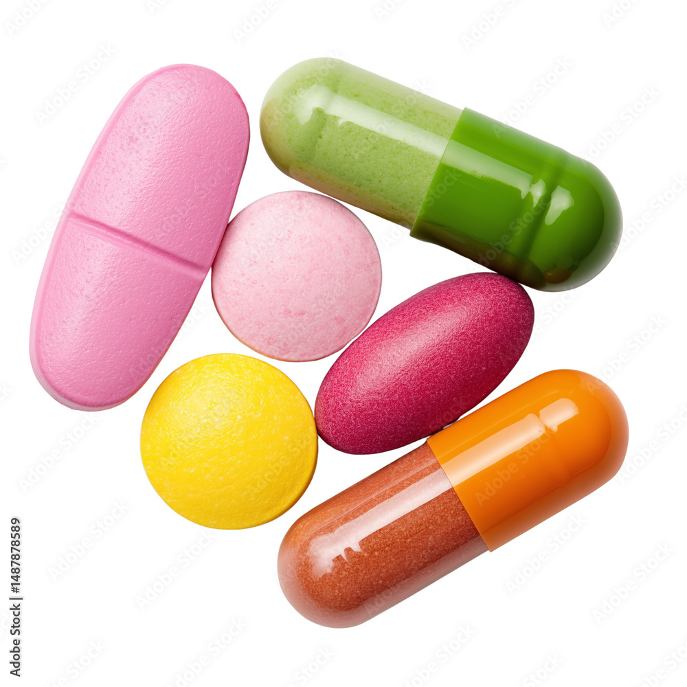 Colorful capsules and tablets isolated on white