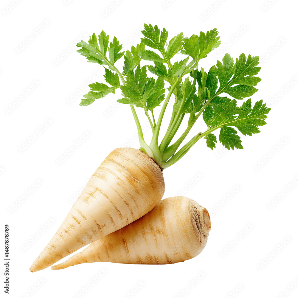 Fresh parsley root with green leaves isolated on white
