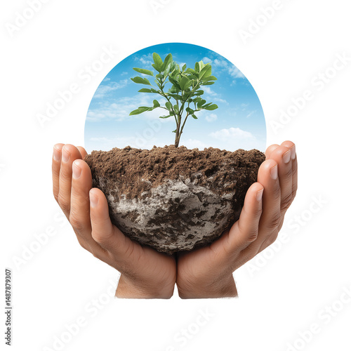 Obraz na płótnie Hands holding soil with sprouting plant against blue sky w salonie