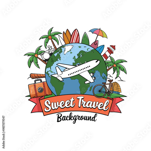 Sweet Travel Background – Globe with Airplane and Vacation Elements Vector Illustration