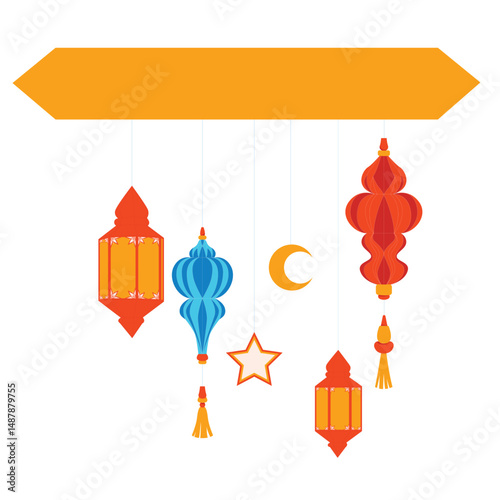 abstract 3d Crescent moon, lantern and star hanging in 3d light purple color. Decorative vector elements for Muslim holidays. Isolated on a white background