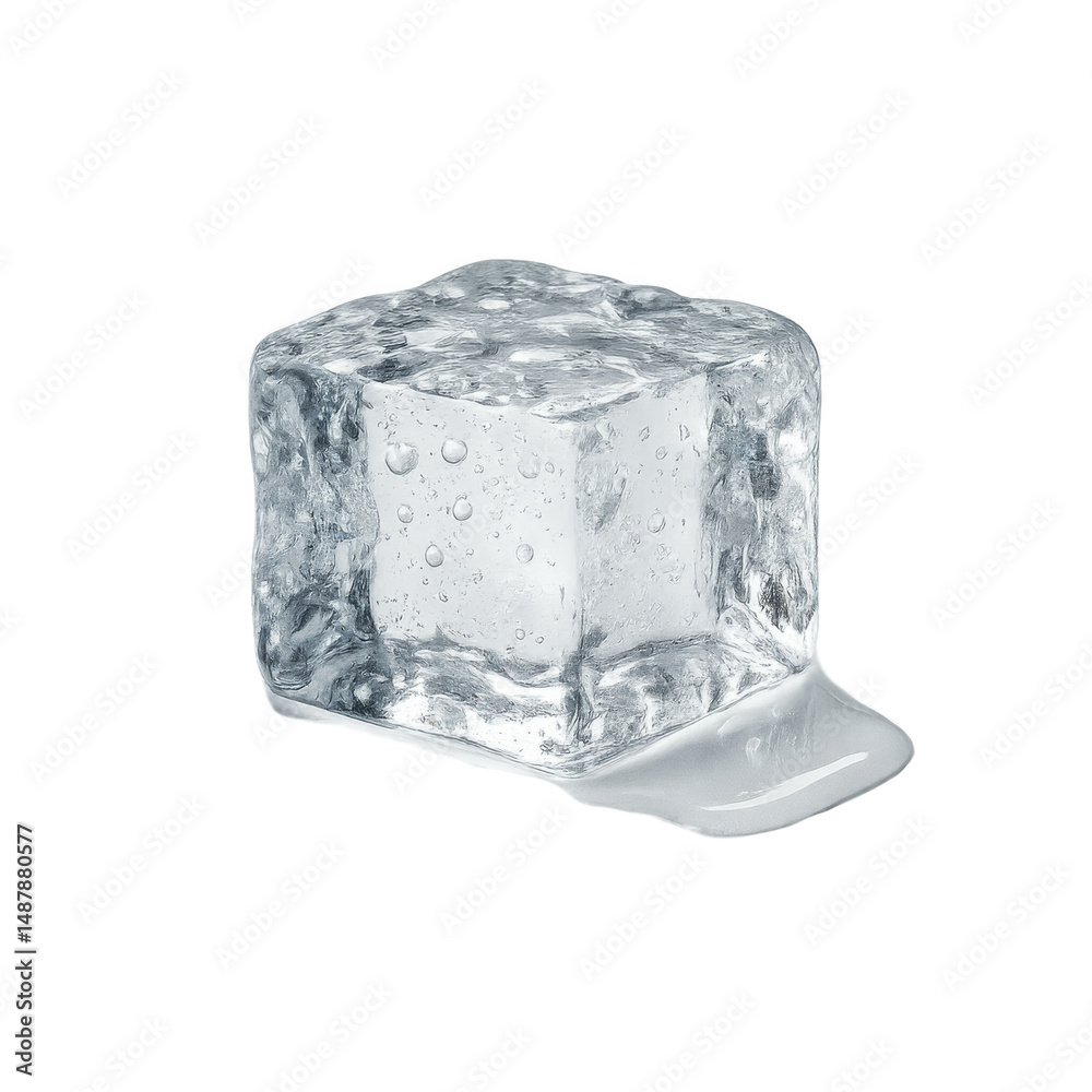 Fototapeta premium Melting ice cube with water drops on transparent background