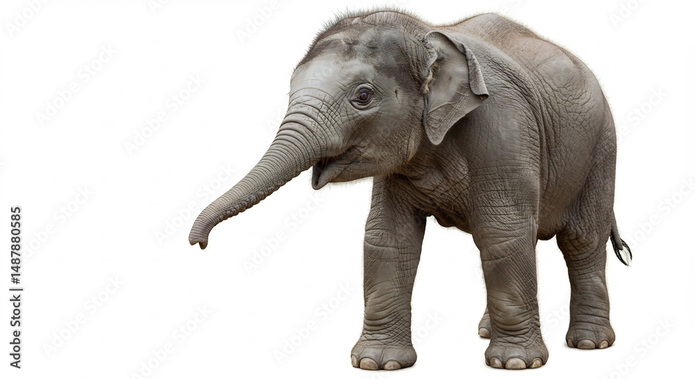 Naklejka premium Adorable baby elephant stands gently against bright white background. AI Generated
