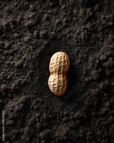 a peanut sitting on top of dark soil seen from overhead.