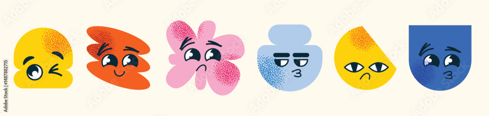 Obraz premium Set of abstract geometric characters expressive facial expressions. Concept emotions happiness, sadness, confusion, and smugness. Flat vector cartoon style illustration isolated emotion icons