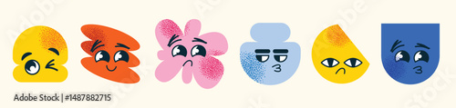 Set of abstract geometric characters expressive facial expressions. Concept emotions  happiness, sadness, confusion, and smugness. Flat vector cartoon style illustration isolated emotion icons