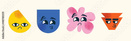 Set of abstract geometric characters expressive facial expressions. Concept emotions  happiness, sadness, confusion, and smugness. Flat vector cartoon style illustration isolated emotion icons