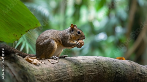 Close-up of a squirrel eating a nut on a tree branch.