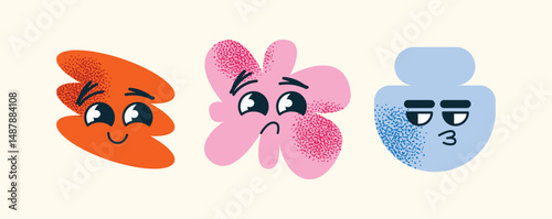 Set of abstract geometric characters expressive facial expressions. Concept emotions  happiness, sadness, confusion, and smugness. Flat vector cartoon style illustration isolated emotion icons