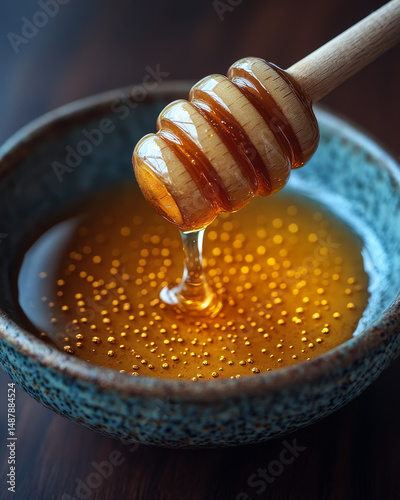 Golden Honey Dripping from Wooden Dipper into Rustic Ceramic Bowl on Wooden Table