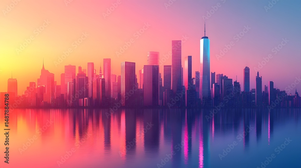 Fototapeta premium Majestic Sunset Cityscape with Reflective Skyscrapers and Vibrant Hues