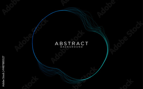 Abstract vector dynamic blue light dot particle wavy circle round frame isolated on black background. Suit for music, digital, technology, science, communication, website, flyer. Vector illustration