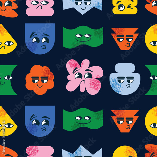 Seamless pattern abstract geometric characters expressive facial expressions. Concept emotions  happiness, sadness, confusion, and smugness. Flat vector cartoon style illustration emotion icons