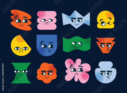 Set of abstract geometric characters expressive facial expressions. Concept emotions  happiness, sadness, confusion, and smugness. Flat vector cartoon style illustration isolated emotion icons