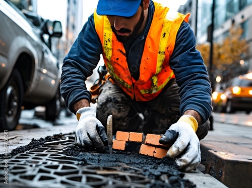 construction worker meticulously repairing a manhole cover in the city, demonstrating skillful work