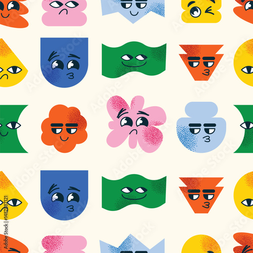 Seamless pattern abstract geometric characters expressive facial expressions. Concept emotions  happiness, sadness, confusion, and smugness. Flat vector cartoon style illustration emotion icons