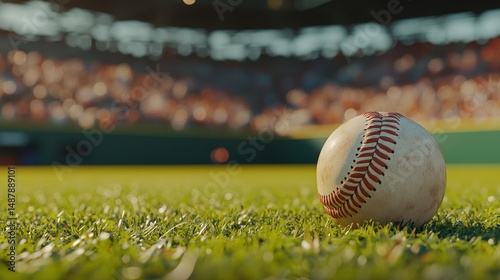 Excitement fills the air as a baseball rests off-center on the vibrant outfield grass, with a colorful blur of anticipation from the stadium crowd behind it