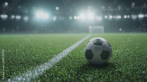 Green artificial turf with a football resting near the midfield line, illuminated by soft stadium lights in a dynamic sports environment