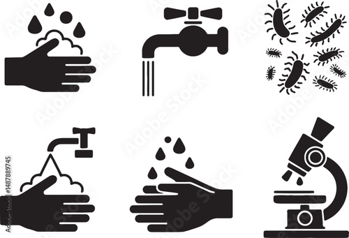 Handwashing hygiene bacteria microscope icons set