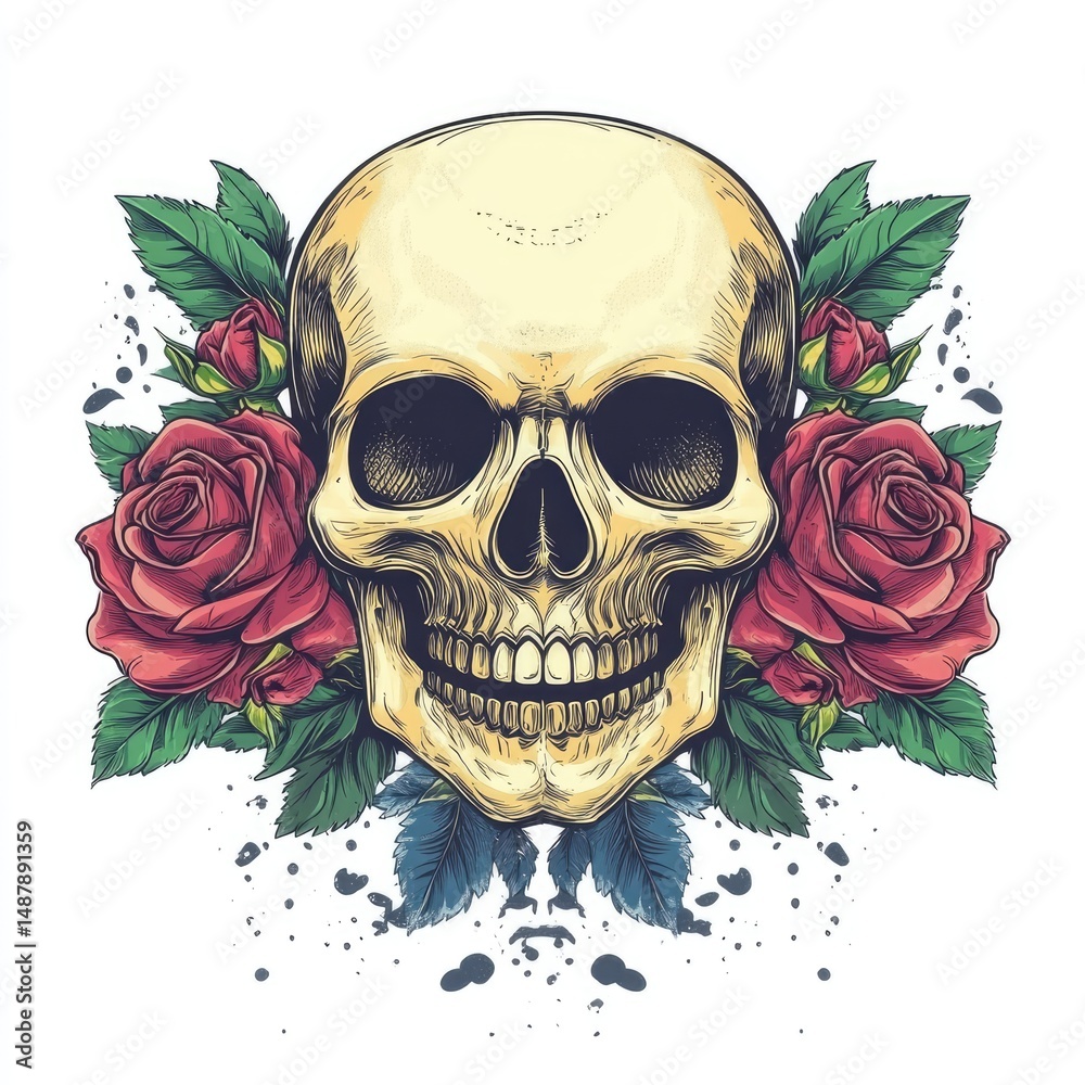 Fototapeta premium Detailed illustration of a skull surrounded by roses and leaves.