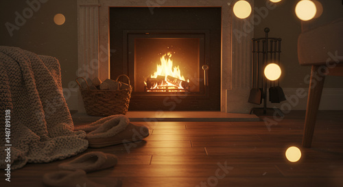 Cozy fireplace scene warm lighting ambiance