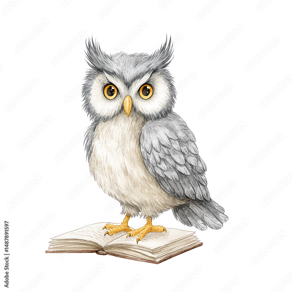 Fototapeta premium Wise grey owl stands on an open book against a plain white backdrop.