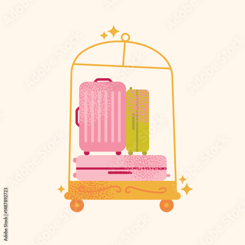 Collection hotel building facade, luggage, room keys, door handles, elevator, bellhop, 'Do Not Disturb' sign, service bell, and champagne glass. Flat cartoon style. Hospitality,  travel concept set