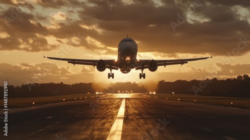 Majestic takeoff of a passenger aircraft beneath a golden sky as it ascends from the runway during the golden hour