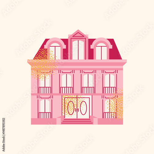 Collection hotel building facade, luggage, room keys, door handles, elevator, bellhop, 'Do Not Disturb' sign, service bell, and champagne glass. Flat cartoon style. Hospitality,  travel concept set