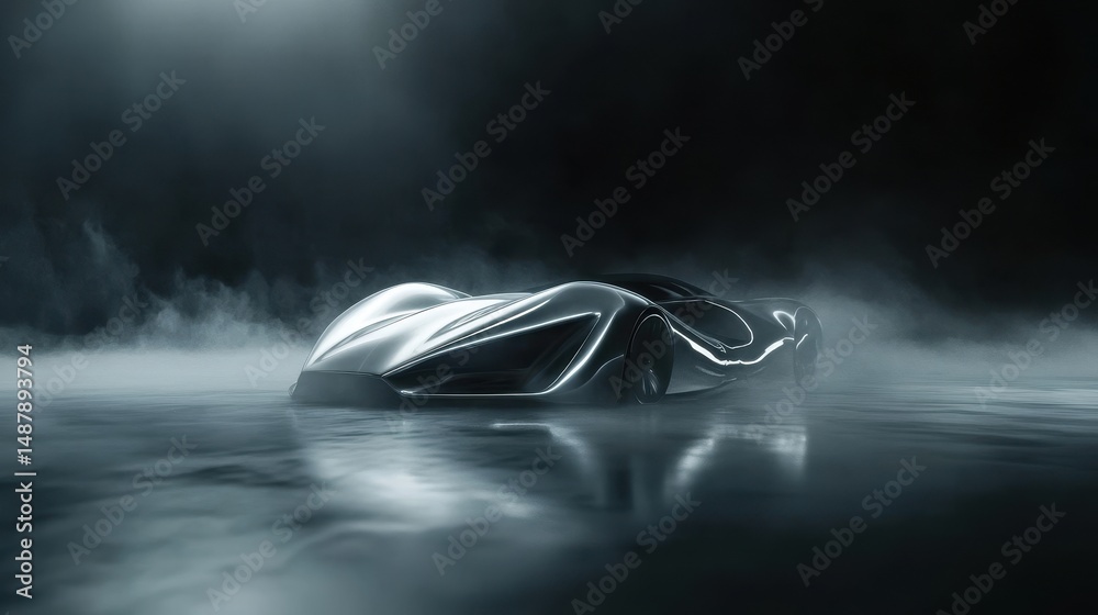 Obraz premium Futuristic silver car showcasing aerodynamic design in a dark misty studio with a glowing floor emphasizing its sleek contours and technological elegance