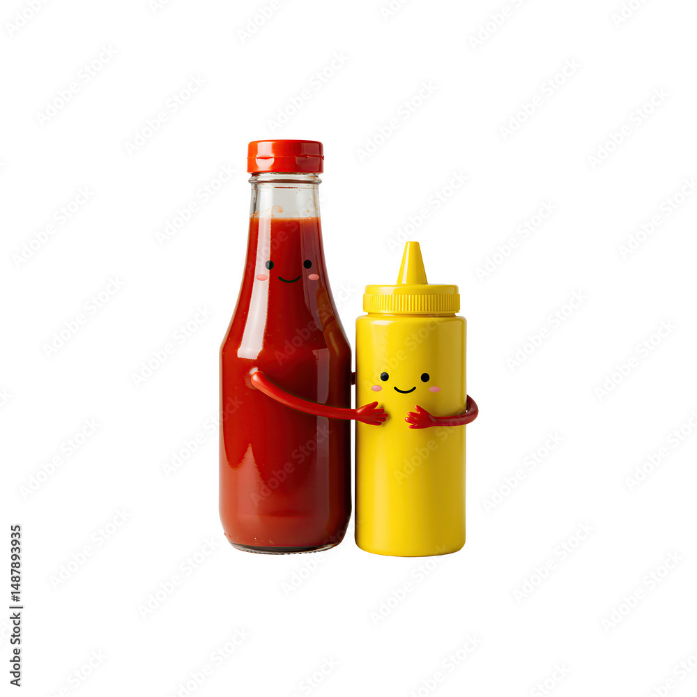 Obraz premium Happy ketchup and mustard bottles posing side by side like best foodie friends on a white background.