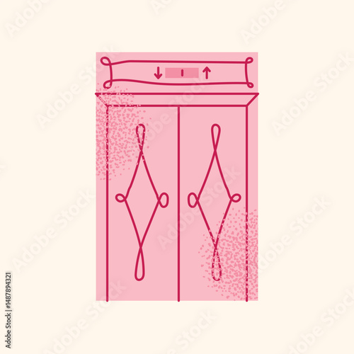 Collection hotel building facade, luggage, room keys, door handles, elevator, bellhop, 'Do Not Disturb' sign, service bell, and champagne glass. Flat cartoon style. Hospitality,  travel concept set