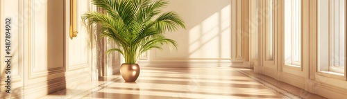 Elegant interior hallway with a lush houseplant.