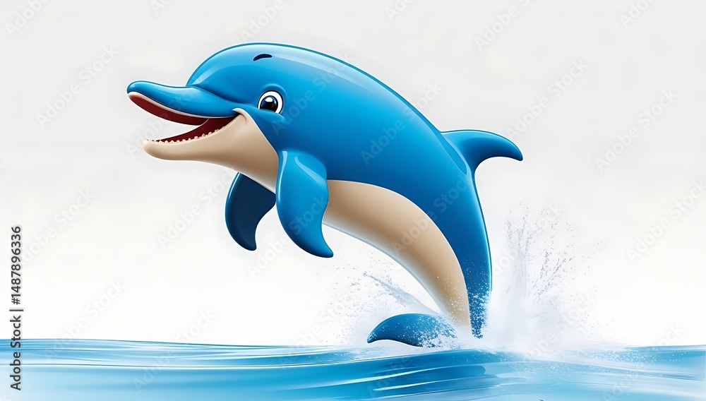 Obraz premium Cute cartoon dolphin character jumping out of water, isolated on white background, playful marine animal illustration perfect for kids content, ocean themes, and educational designs