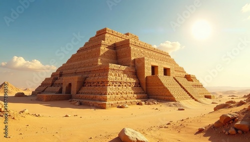 Sun-baked brick ziggurat, desert landscape, Mesopotamian style, ancient world, sunbaked